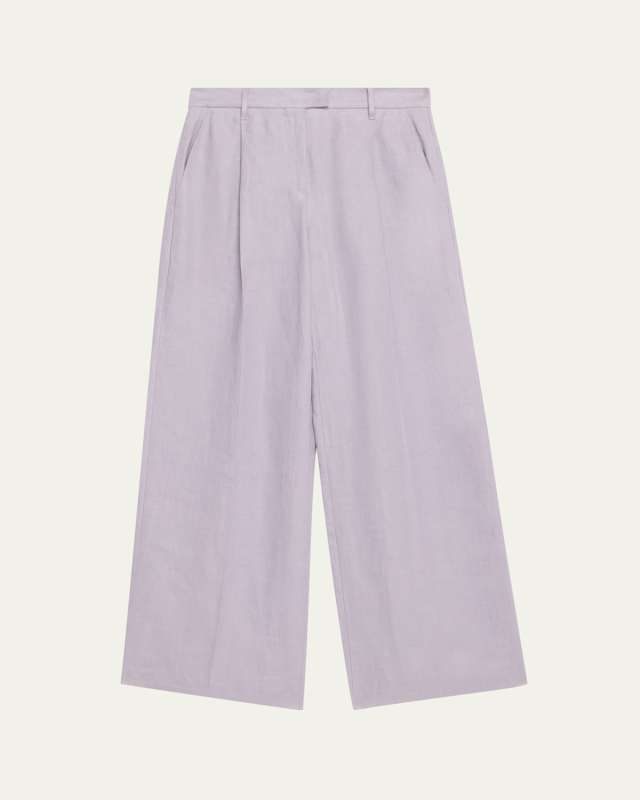 Pleated Wide Leg Hemp Linen Gabardine Trousers